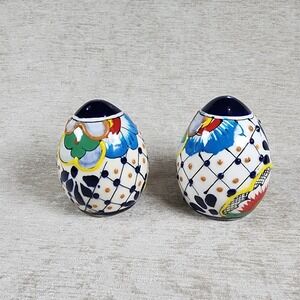 Handmade Pottery Set Of Two Salt & Pepper Shakers Dots And Flowers Mexico